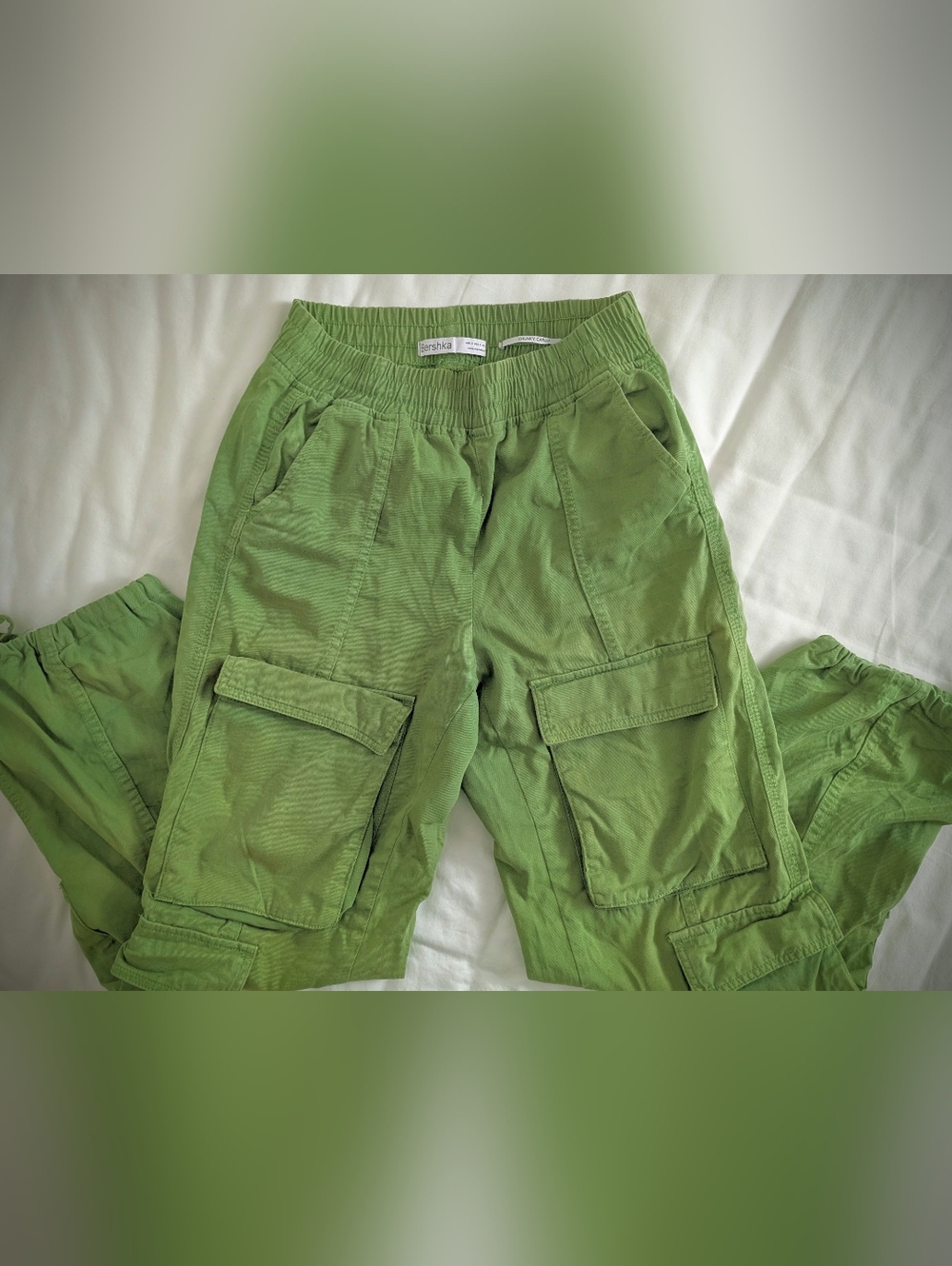 Bershka Green Cargo Elastic Waistband Jogger Pants Wide Leg S/P - Picture 2 of 7